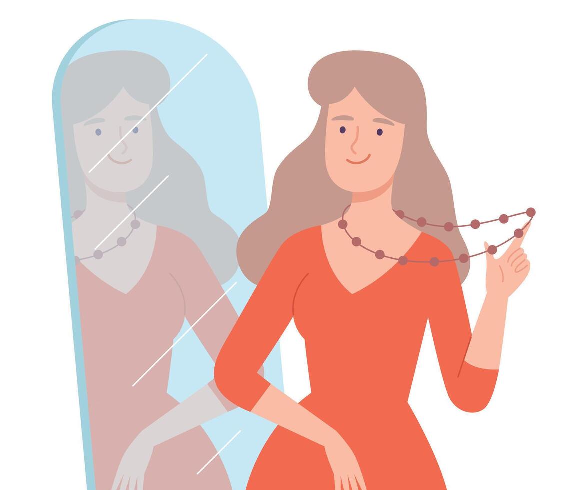 Beautiful Woman Trying on Beads Standing in Front of Mirror Cartoon Style Illustration vector