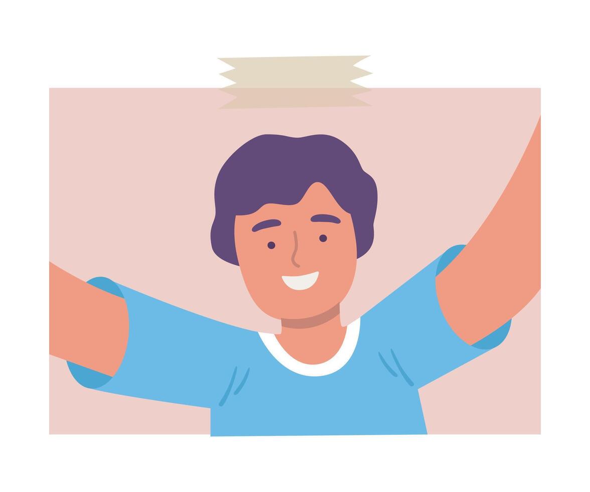 Happy Laughing Man Taking Selfie Using Smartphone Cartoon Illustration vector