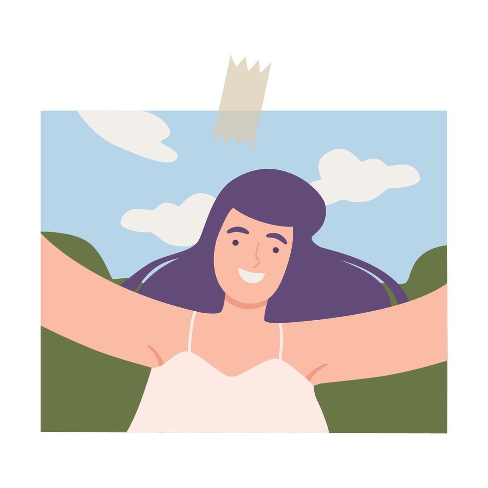 Shot of Happy Brunette Girl Taking Selfie Using Smartphone on Nature Landscape Cartoon Illustration vector