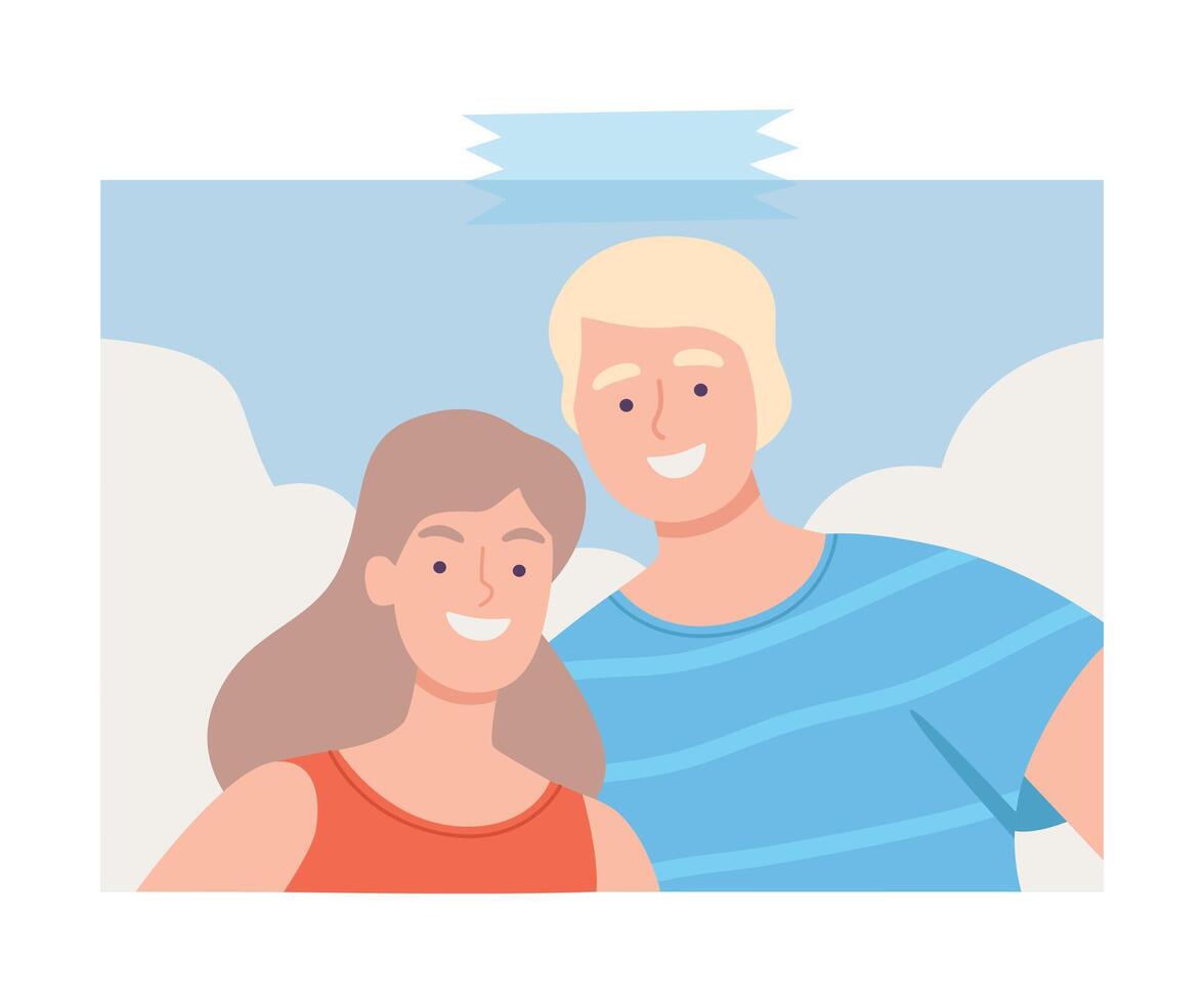 Shot of Happy Young Couple Making Selfie Using Smartphone, Friends Spending Time Together and Photographing Cartoon Illustration vector