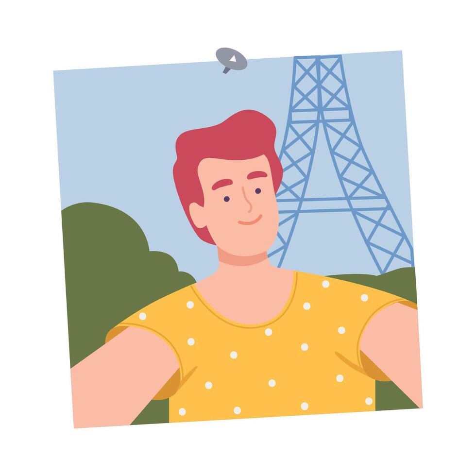 Shot of Smiling Young Man Taking Selfie on Background of Eiffel Tower Cartoon Illustration. vector