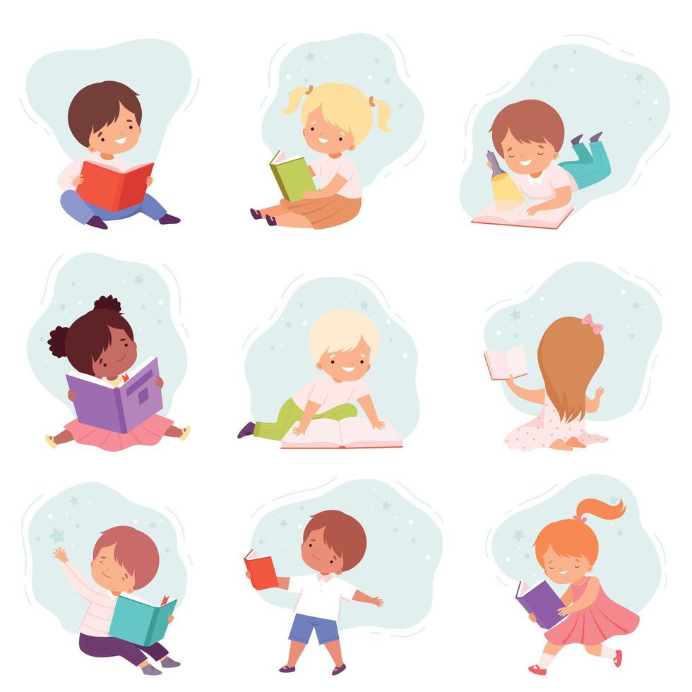 Little Kids Reading Books Set, Cute Boys and Girls Sitting on Floor Enjoying of Literature, Education and Imagination Concept Cartoon Style Illustration vector