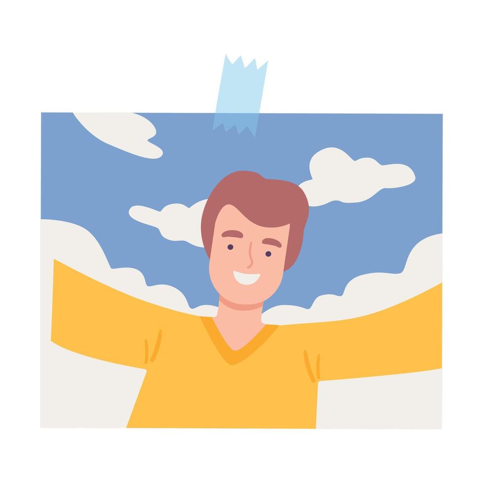 Shot of Smiling Young Man Taking Selfie on Nature Cartoon Illustration vector