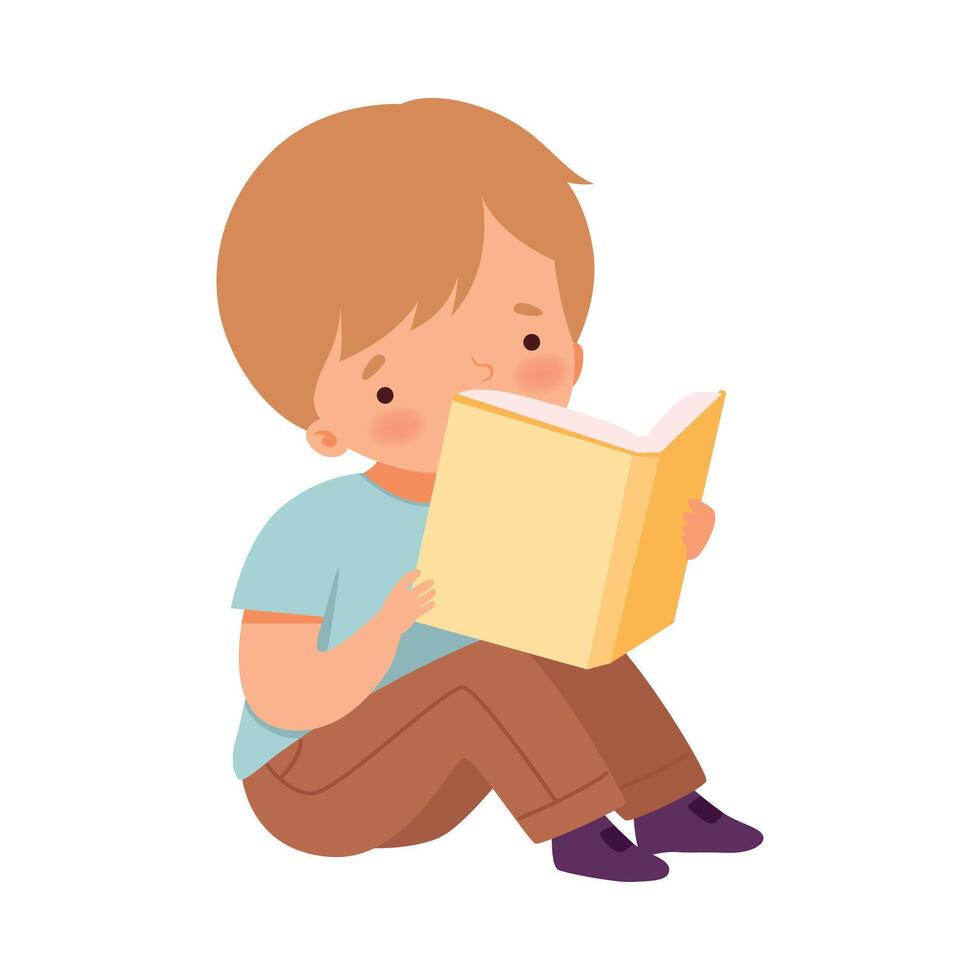 Little Boy Reading Book, Cute Kid Sitting on Floor with Book, Literature Fan, Children Education and Imagination Concept Cartoon Style Illustration vector