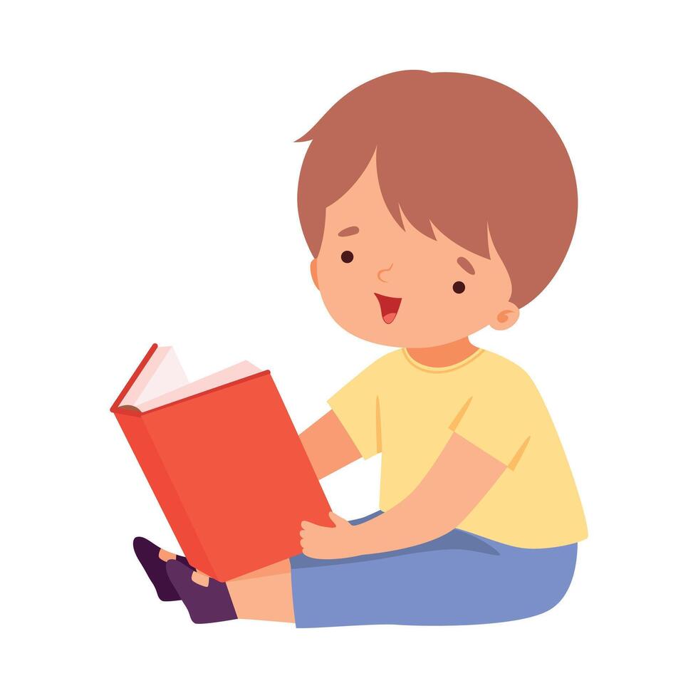 Little Boy Reading Book, Cute Kid Sitting on Floor Enjoying Reading, Literature Fan, Children Education and Imagination Concept Cartoon Style Illustration vector