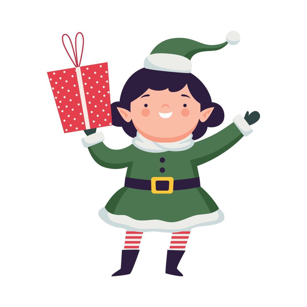 Fairy Girl Elf in Green Hat and Striped Stocking Holding Gift Box Illustration vector