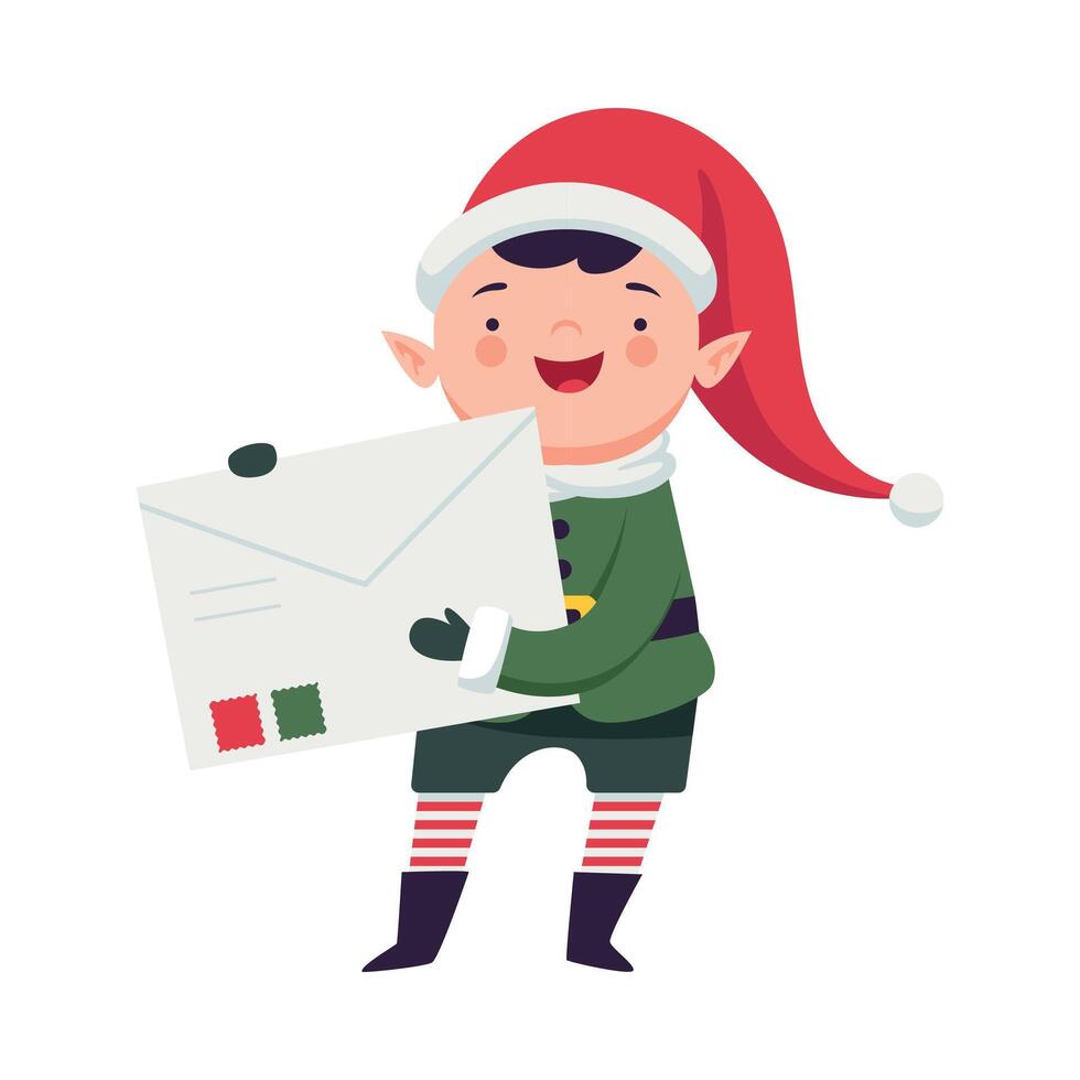Fairy Elf in Red Hat and Striped Stocking Holding Big Envelope Illustration vector
