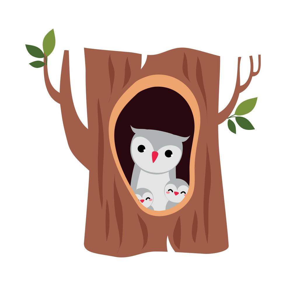Cute Owl with Little Owlet as Forest Habitant Sitting in Tree Hollow Illustration vector