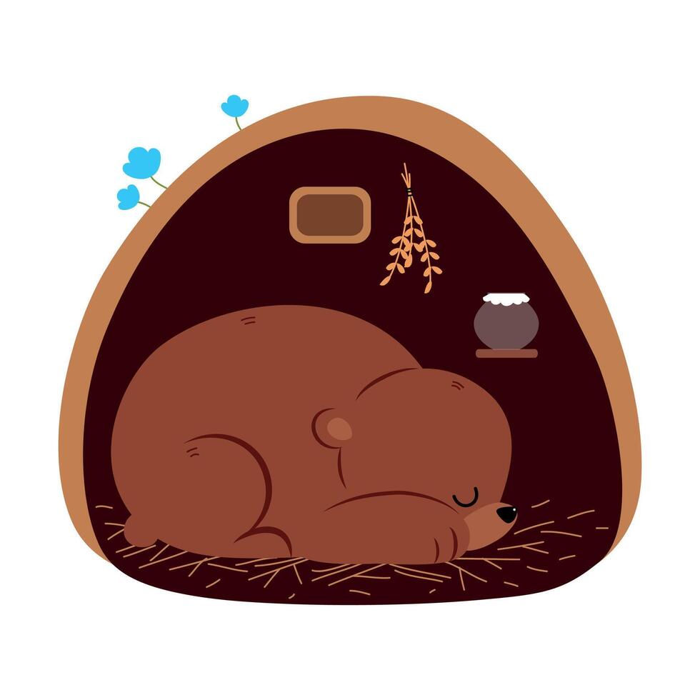 Brown Bear as Forest Animal Sleeping in Burrow Illustration vector
