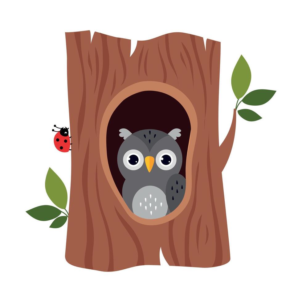 Cute Owl as Forest Habitant Peeped Out from Tree Hollow Illustration vector