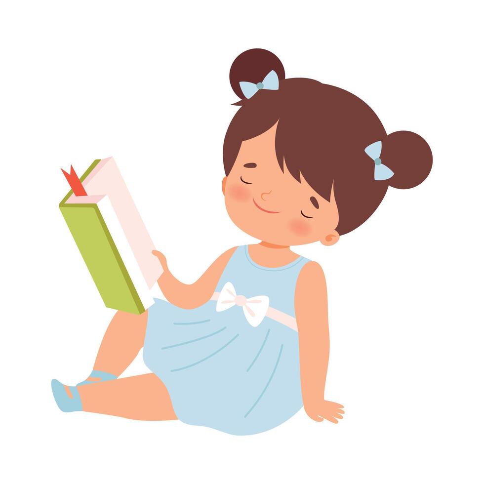 Little Girl Reading Book, Cute Kid Sitting on Floor with Book Enjoying Reading, Children Education and Imagination Concept Cartoon Style Illustration vector
