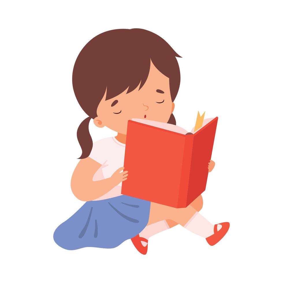 Adorable Little Girl Reading Book, Cute Kid Sitting on Floor with Book, Literature Fan, Education and Imagination Concept Cartoon Style Illustration vector