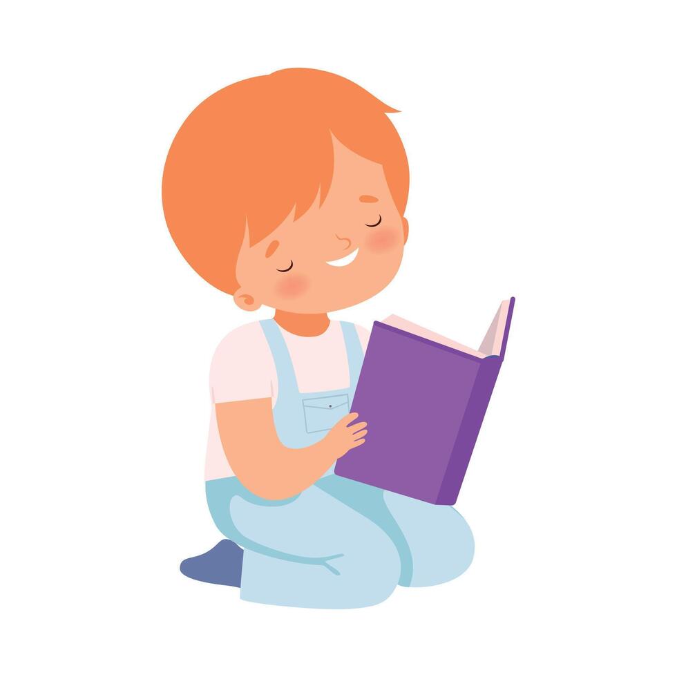 Happy Boy Reading Book, Cute Kid Sitting on Floor on his Knees Enjoying Reading, Children Education and Imagination Concept Cartoon Style Illustration vector