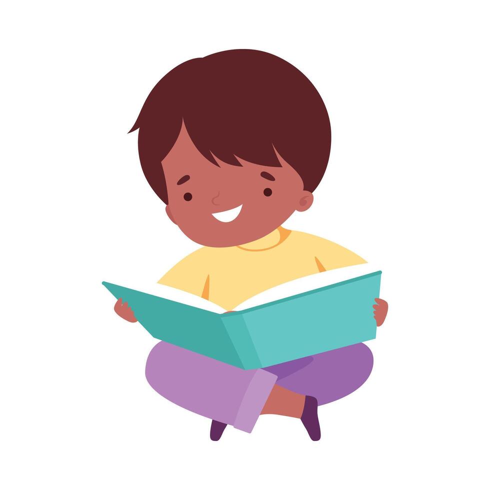 Little Boy Reading Book, Cute Kid Sitting on Floor with Crossed Legs Enjoying Reading of Literature, Education and Imagination Concept Cartoon Style Illustration vector