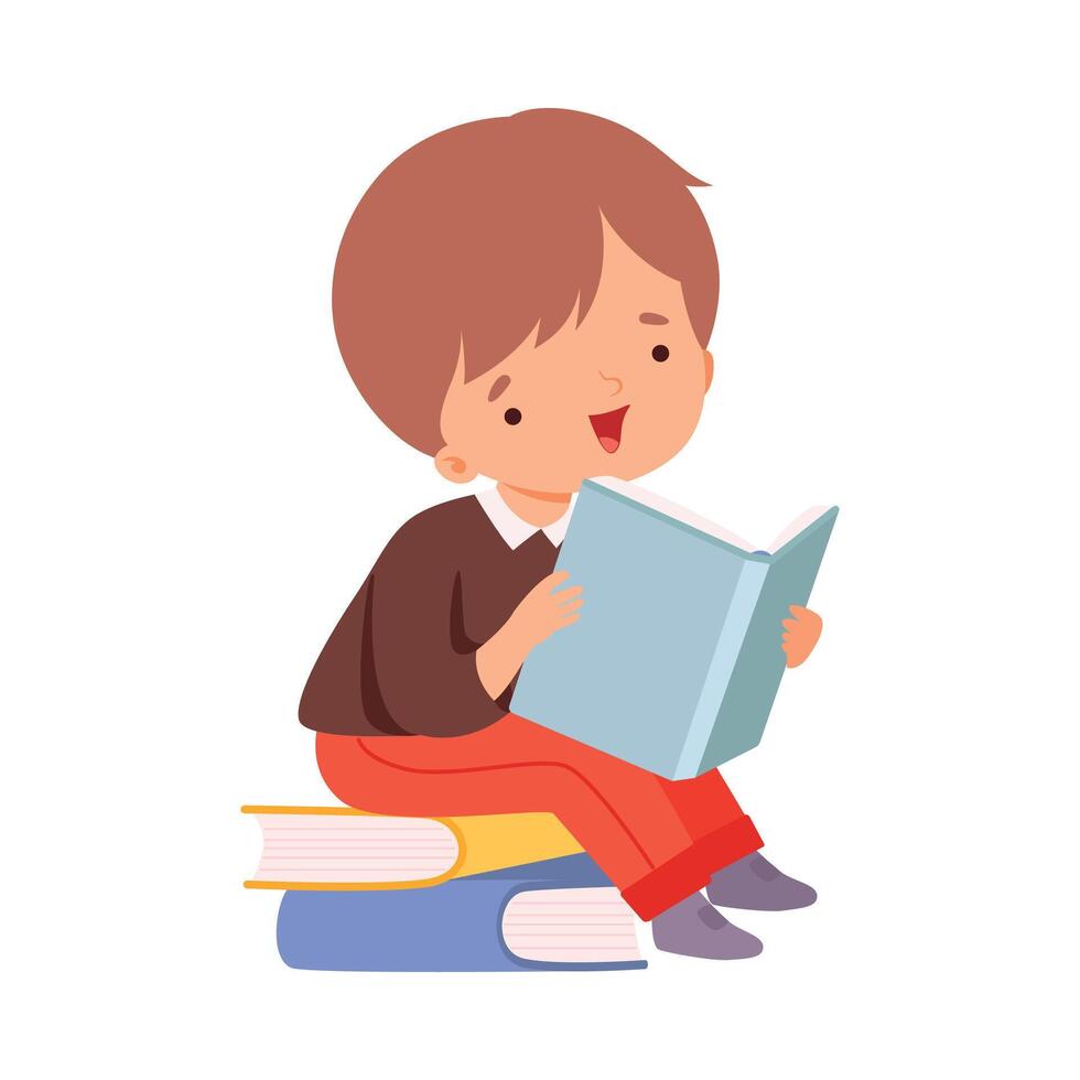 Little Boy Reading Book, Cute Kid Sitting on Pile of Books, Children Education and Imagination Concept Cartoon Style Illustration vector