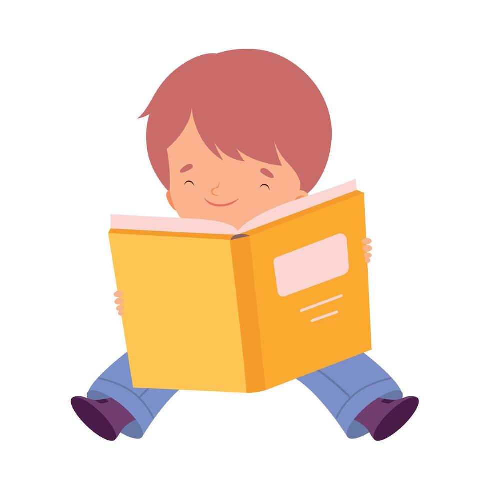 Little Boy Reading Book, Adorable Kid Sitting on Floor with Book, Education and Imagination Concept Cartoon Style Illustration vector