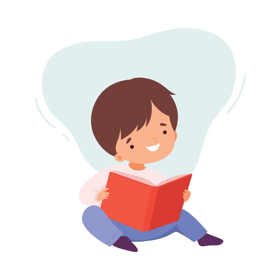 Happy Little Boy Reading Book, Cute Kid Sitting on Floor with Book, Education and Imagination Concept Cartoon Style Illustration vector