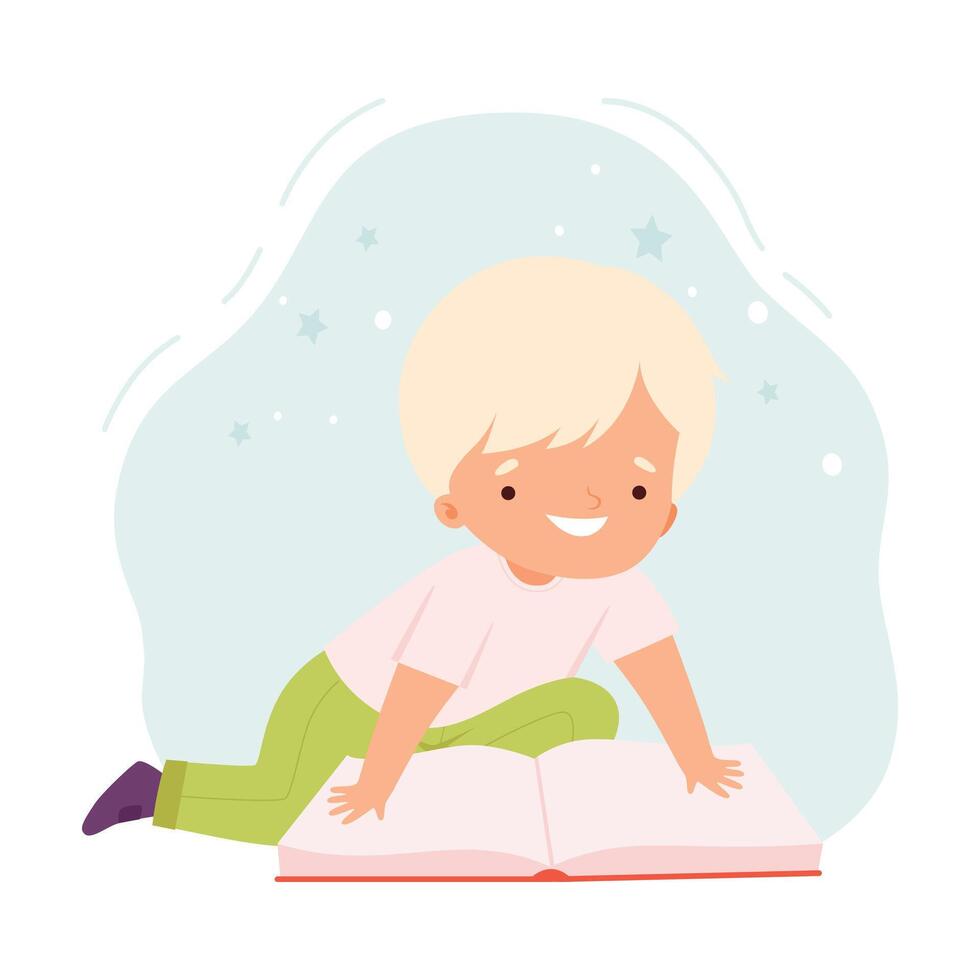 Adorable Boy Reading Book, Smiling Preschool Kid Sitting on Floor with Book, Education and Imagination Concept Cartoon Style Illustration vector