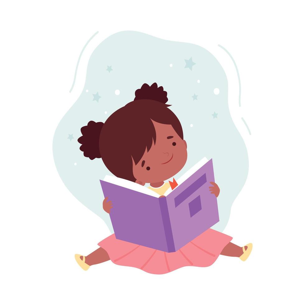 Lovely Girl Reading Book, Kid Sitting on Floor with Book, Literature Fan, Education and Imagination Concept Cartoon Style Illustration vector