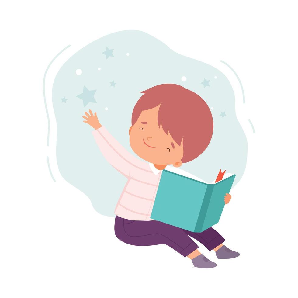 Boy Sitting on Floor and Reading Book, Literature Fan, Education and Imagination Concept Cartoon Style Illustration vector