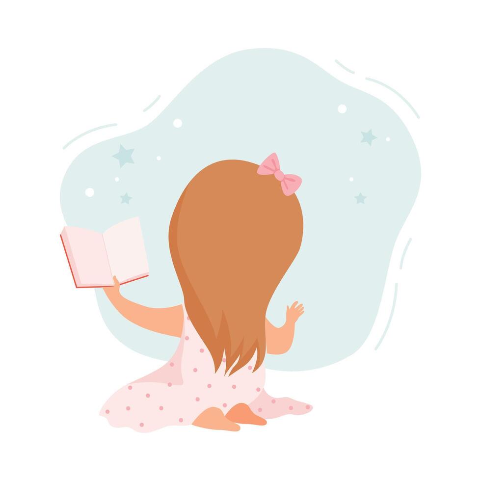 Back View of Little Girl Reading Book, Cute Kid Sitting on Floor with Book, Literature Fan, Education and Imagination Concept Cartoon Style Illustration vector