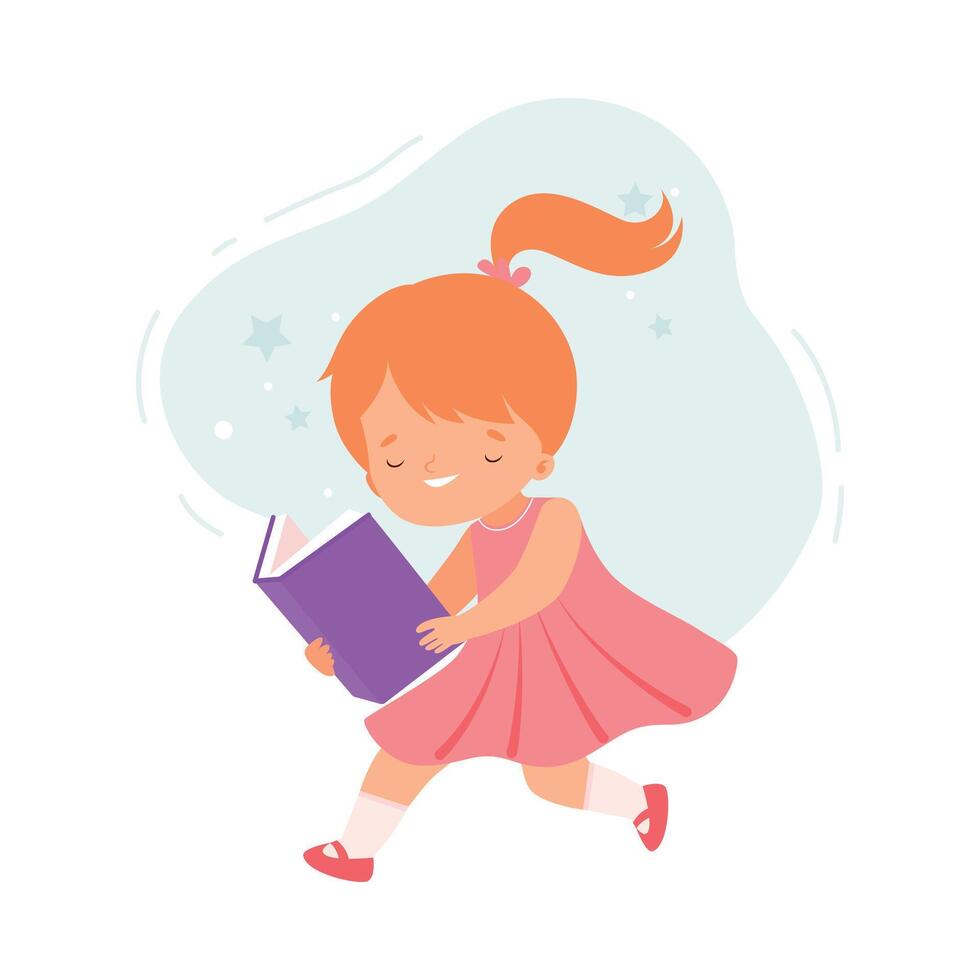 Little Girl Reading Book, Cute Kid Walking with Book, Children Education and Imagination Concept Cartoon Illustration vector