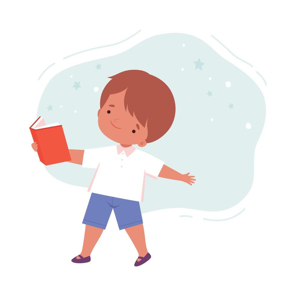 Little Boy Reading Book, Cute Kid Walking with Book, Children Education and Imagination Concept Cartoon Style Illustration vector