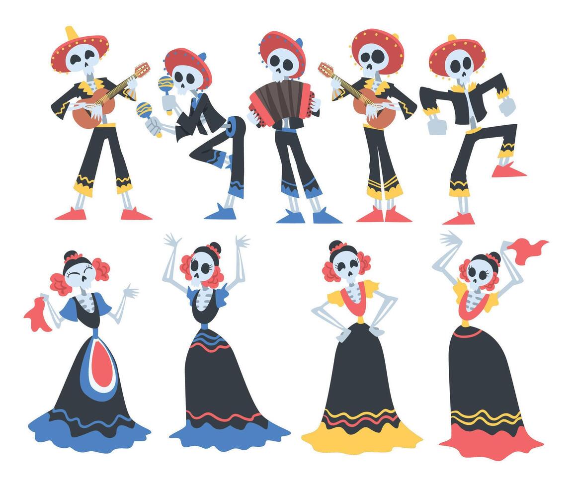 Skeletons in Mexican Traditional Costumes Dancing and Playing Music Instruments Set, Dia de Muertos, Day of the Dead Cartoon Style Illustration vector