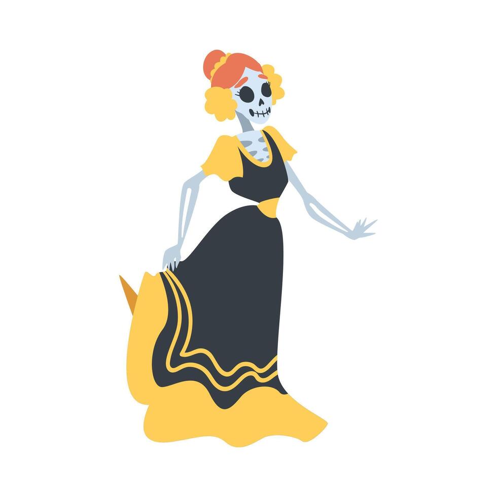 Woman Skeleton in Mexican Traditional Black and Yellow Dress Dancing, Dia de Muertos, Day of the Dead Cartoon Style Illustration vector