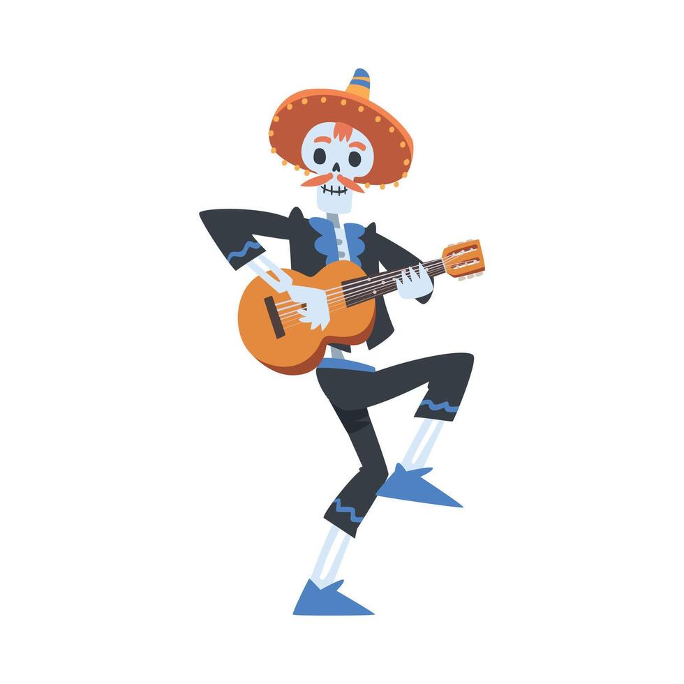 Man Skeleton in Mexican Traditional Costume and Sombrero Hat Playing Guitar and Dancing, Dia de Muertos, Day of the Dead Cartoon Style Illustration vector