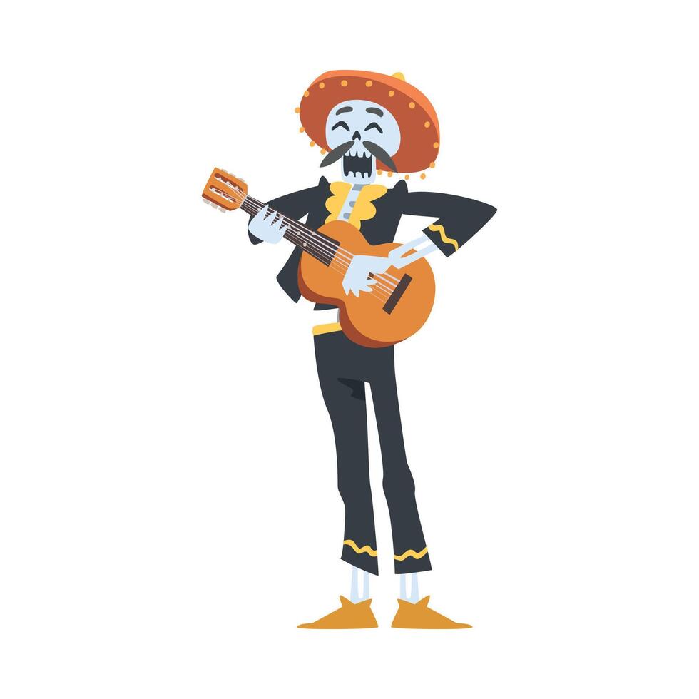 Man Skeleton in Mexican Traditional Costume and Sombrero Hat Playing Guitar Music Instrument, Dia de Muertos, Day of the Dead Cartoon Style Illustration vector