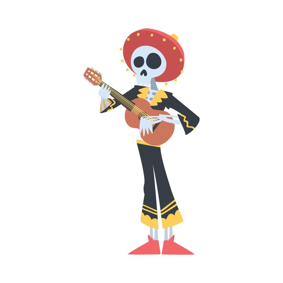 Mexican Musician Skeleton in Traditional Costume and Sombrero Hat Playing Guitar, Day of the Dead Cartoon Style Illustration vector