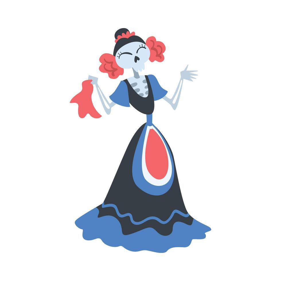 Woman Skeleton in Mexican Traditional Costume Dancing, Dia de Muertos, Day of the Dead Cartoon Style Illustration vector