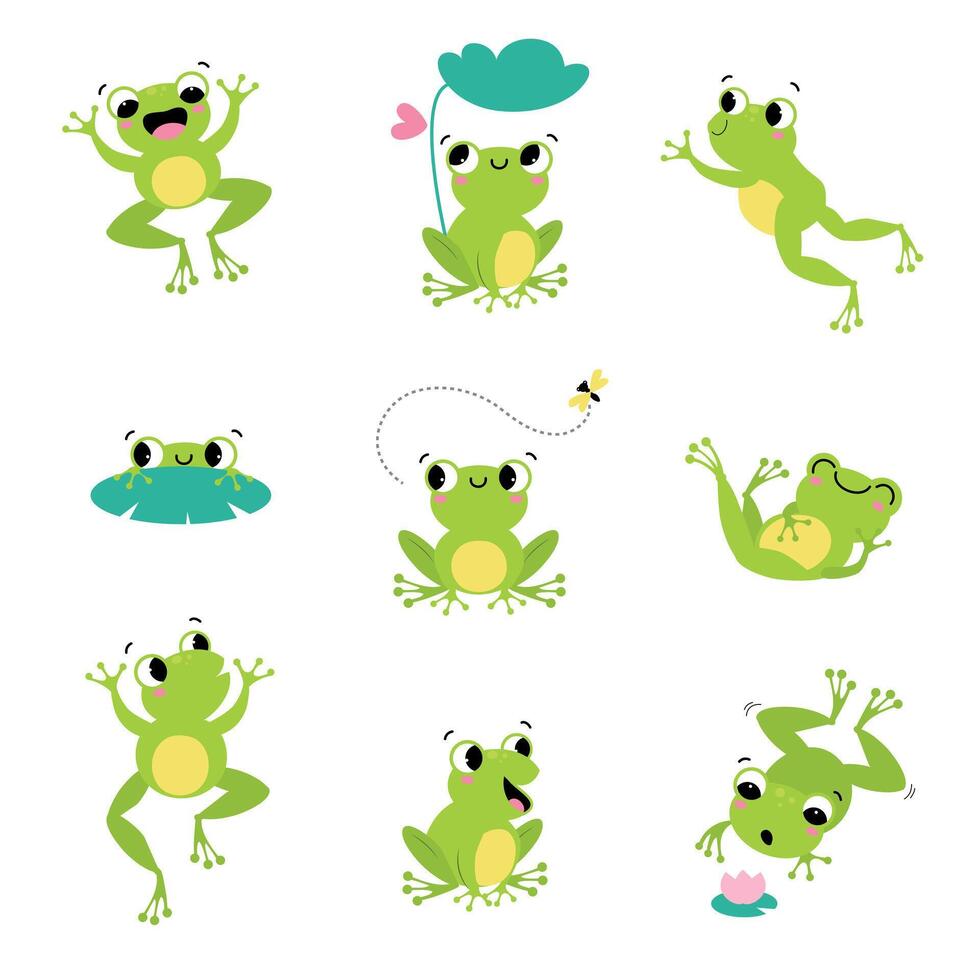 Cute Green Frog Smiling, Jumping, and Croaking Set vector