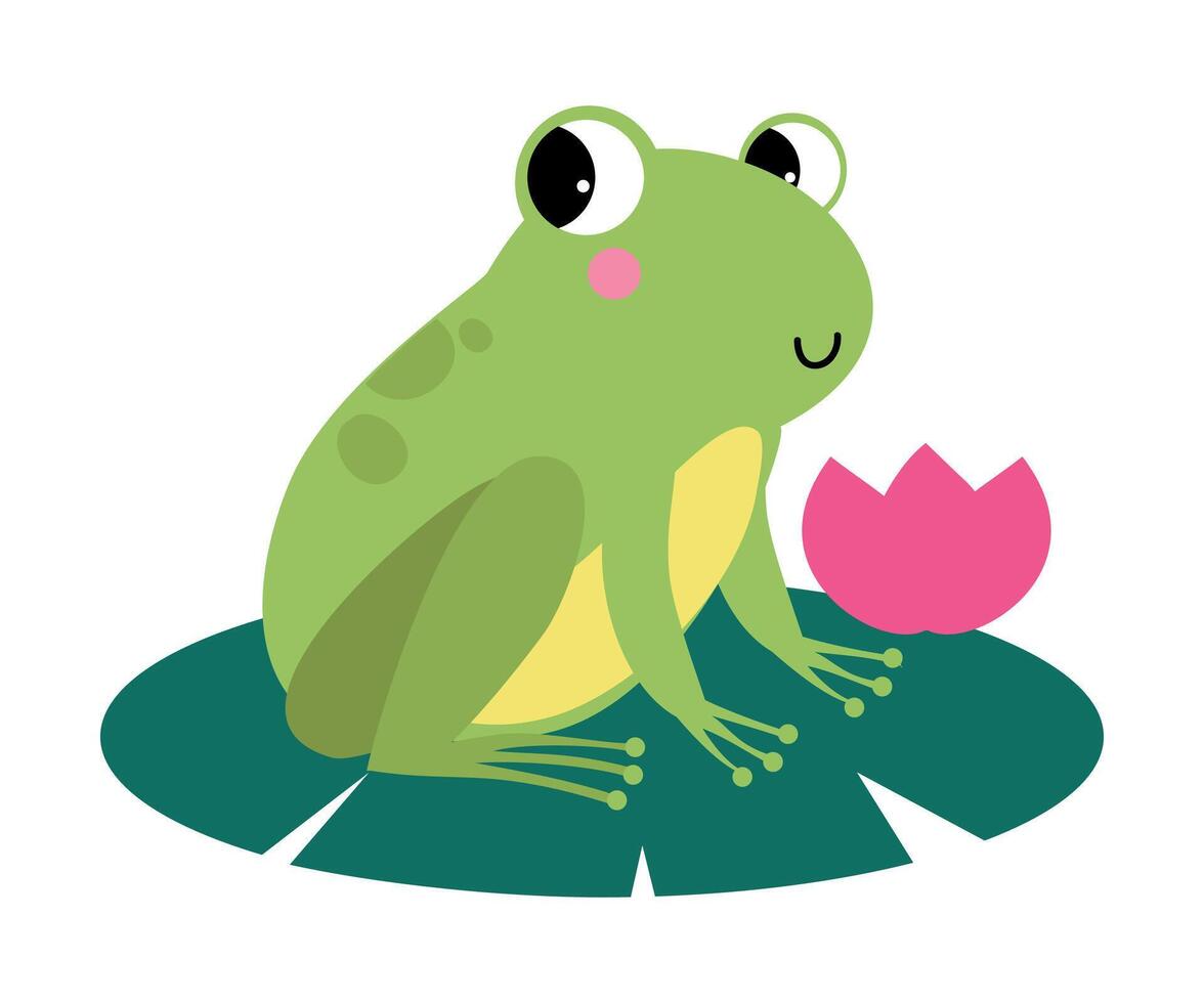 Funny Green Frog with Protruding Eyes Sitting on Leaf of Waterlily Flower Illustration vector