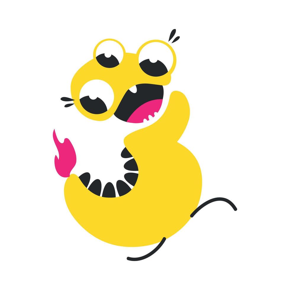 Number Three Cute Yellow Monster, Funny Fantasy Creature Character, 3 Numeral, Mathematics, Learning Material for Kids Cartoon Style Illustration vector