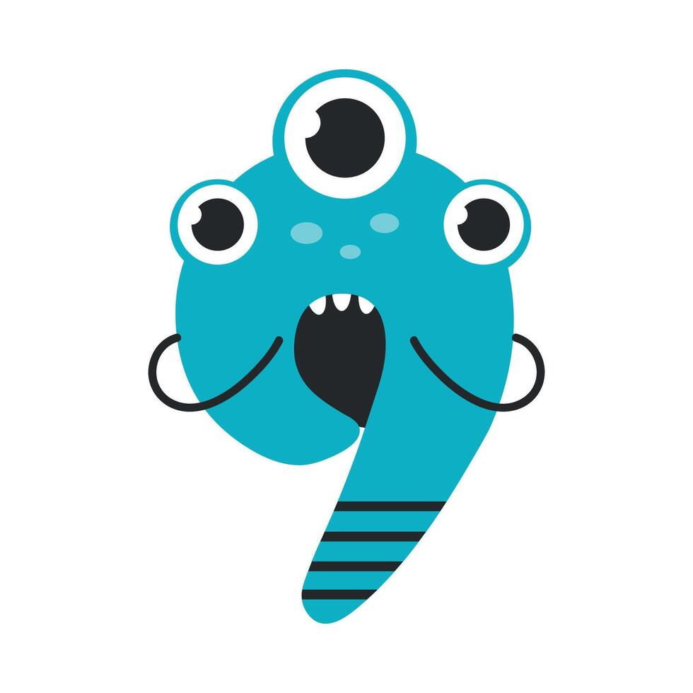 Number Nine Cute Monster, Funny Fantasy Creature Character, 9 Numeral, Mathematics, Learning Material for Kids Cartoon Style Illustration vector