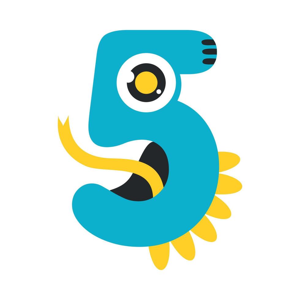 Number Five Cute Monster, Funny Fantasy Alien Character, Mathematics Symbol, Learning Material for Kids Cartoon Style Illustration vector