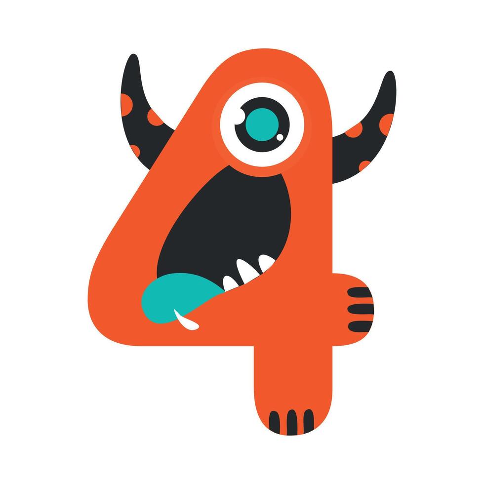 Number Four Cute Monster, Funny Fantasy Alien Character, Mathematics Symbol, Learning Material for Kids Cartoon Style Illustration vector