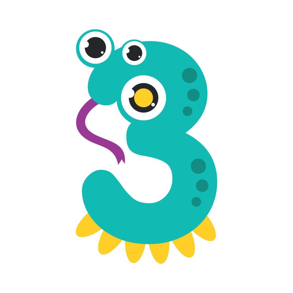 Number Three Cute Monster, Funny Fantasy Alien Character, Mathematics Symbol, Learning Material for Kids Cartoon Style Illustration vector
