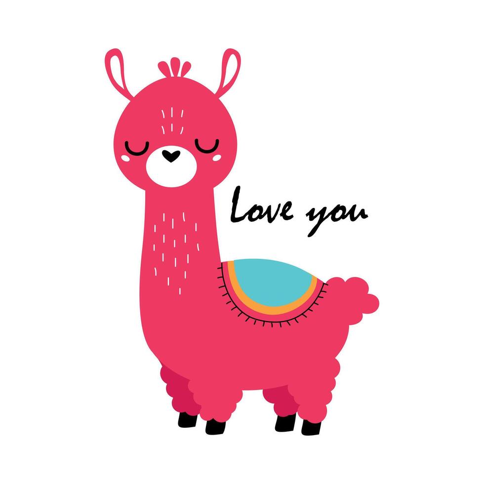 Cute Fluffy Llama Standing with Love You Quote as Valentine Day Celebration Illustration vector