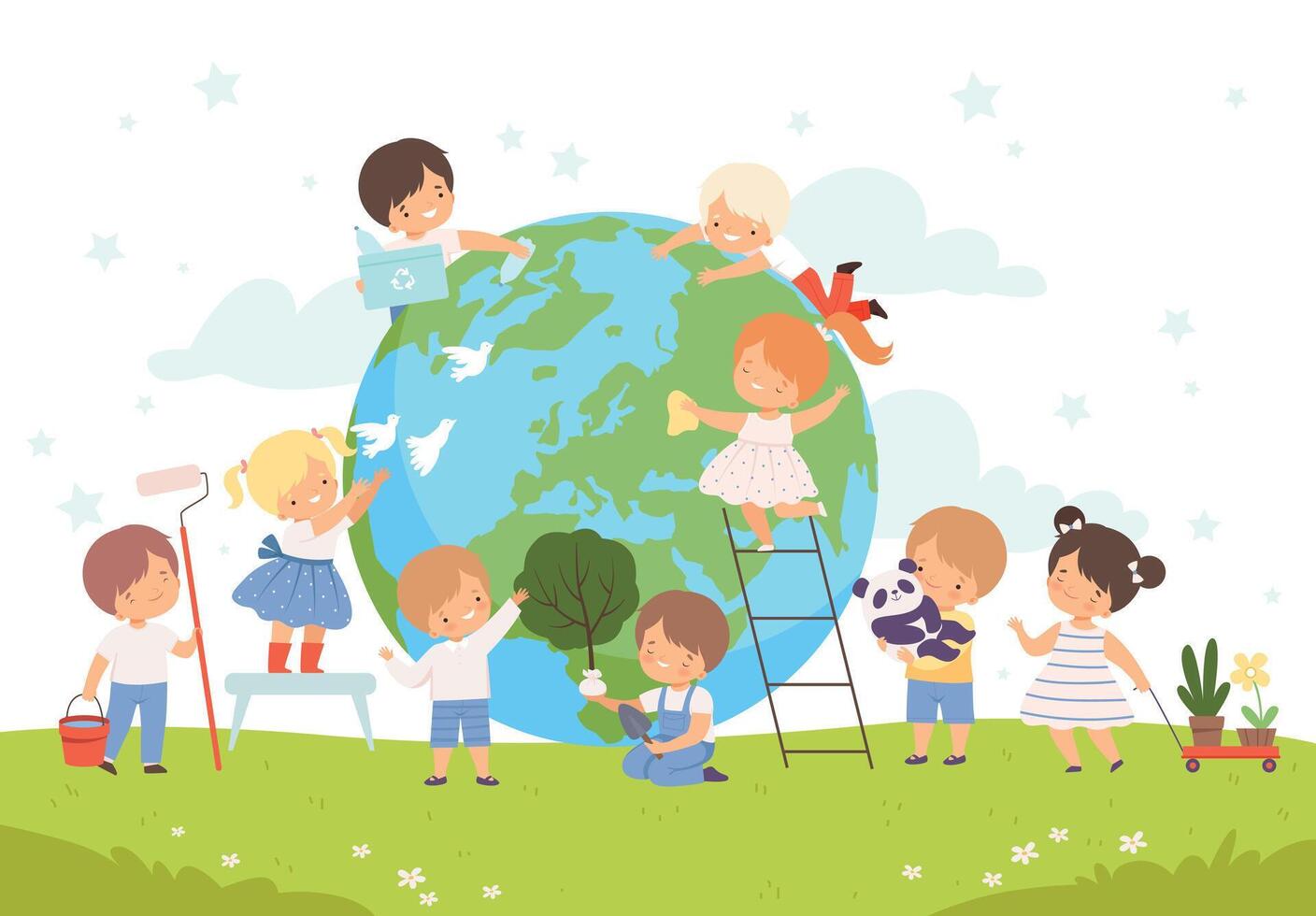Kids Help Save the World, Children Volunteers Cleaning up Wastes and Plant Trees on the Earth, Nature and Ecology Protection Concept Cartoon Style Illustration vector