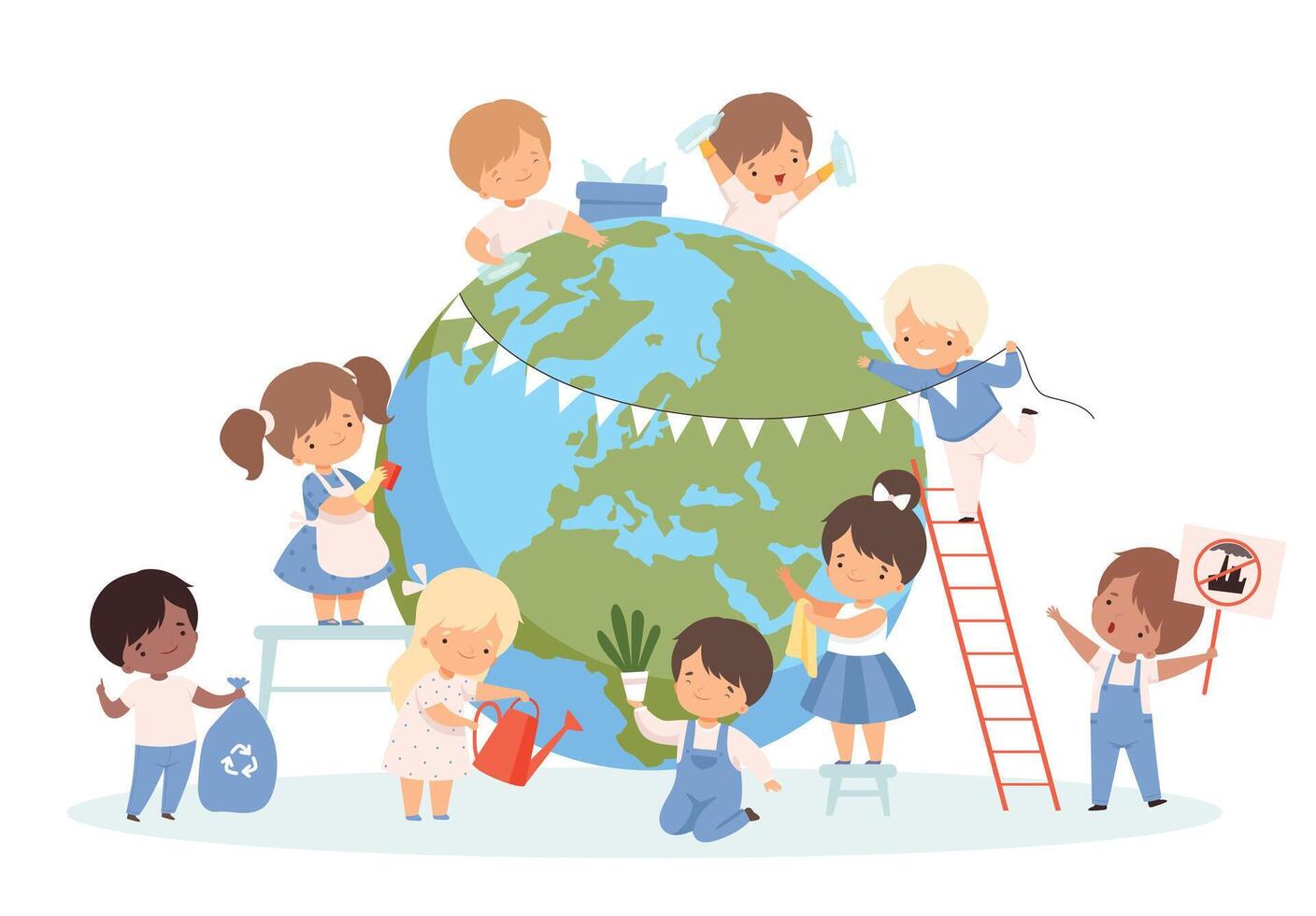 Kids Help Save the World, Children Cleaning up Wasteson the Earth, Nature and Ecology Protection, Happy Earth Day Concept Cartoon Style Illustration vector