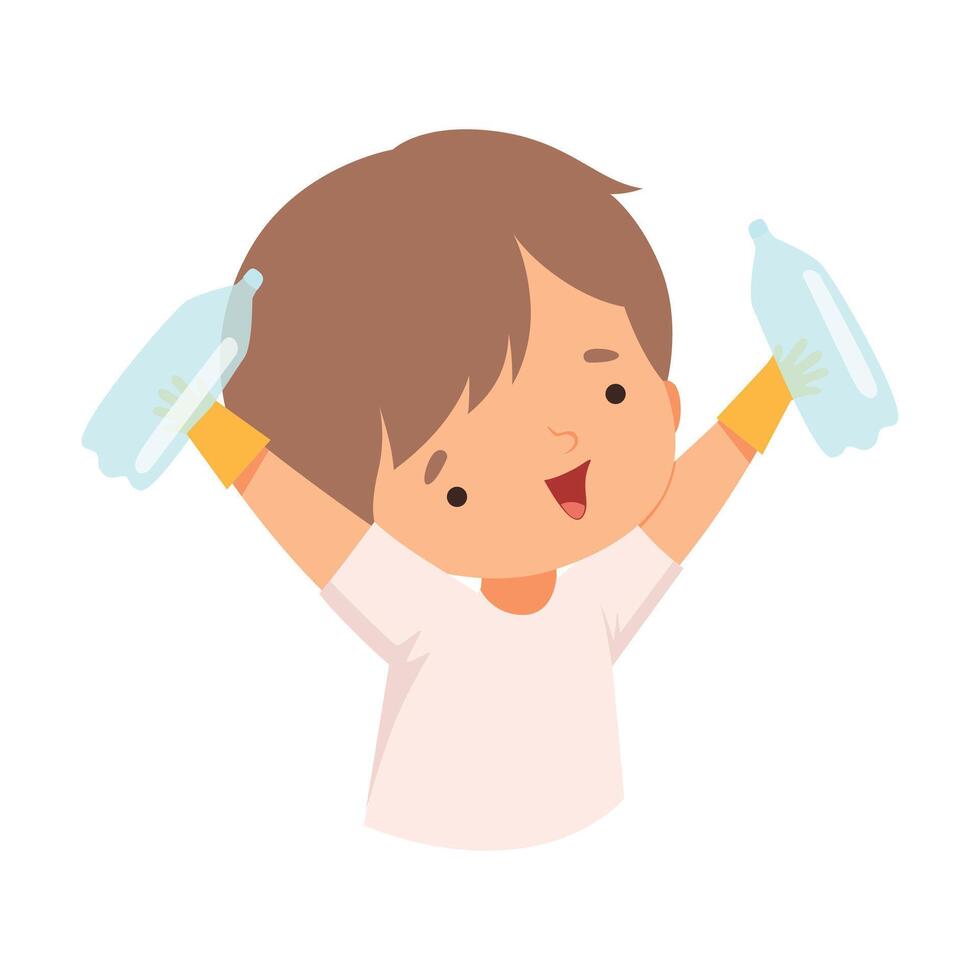 Cute Boy Collecting Plastic Wastes, Child Picking Up Trash for Recycling, Kid Helping Save the World Cartoon Style Illustration vector