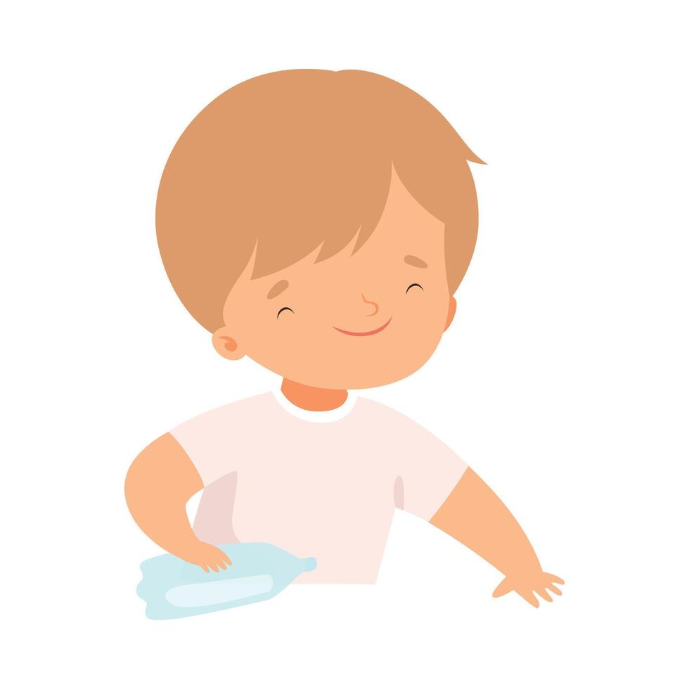Cute Boy Collecting Plastic Bottles for Recycling, Kid Helping Save the World Cartoon Style Illustration vector