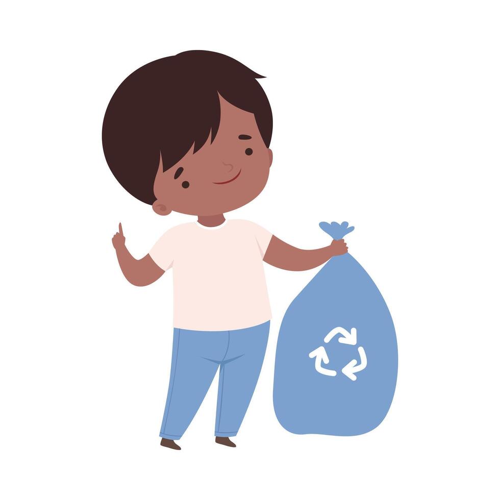 Cute Boy Collecting Wastes for Recycling, Kid Helping Save the World Cartoon Style Illustration vector