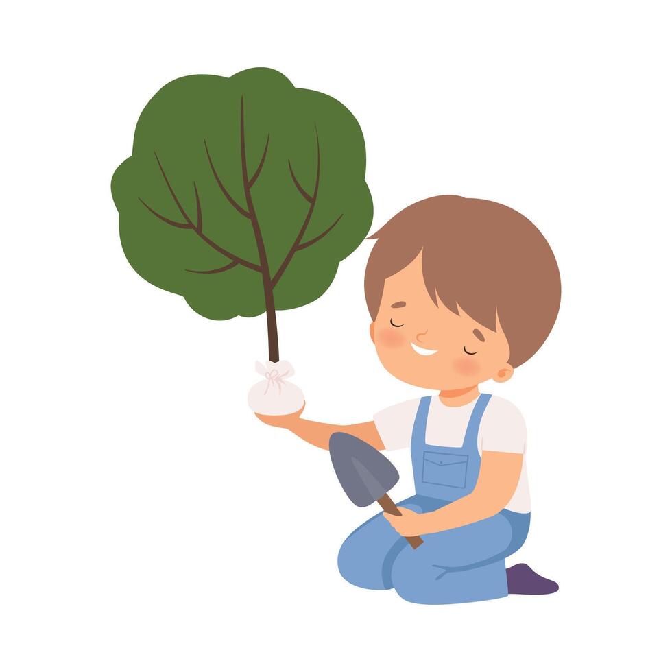 Cute Boy Planting Tree, Kid Helping Save the World, Nature and Ecology Protection Cartoon Style Illustration vector