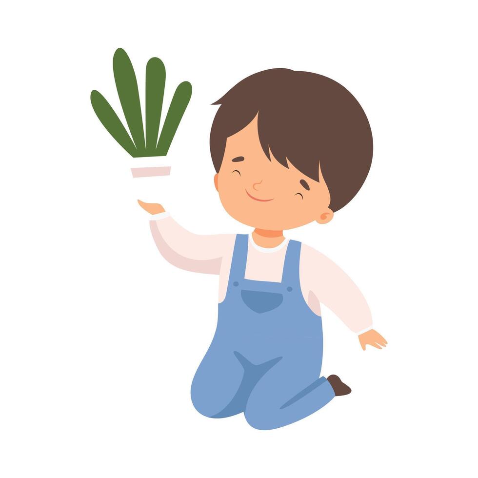 Cute Boy with Flower Pot, Kid Helping Save the World, Nature and Ecology Protection Cartoon Style Illustration vector
