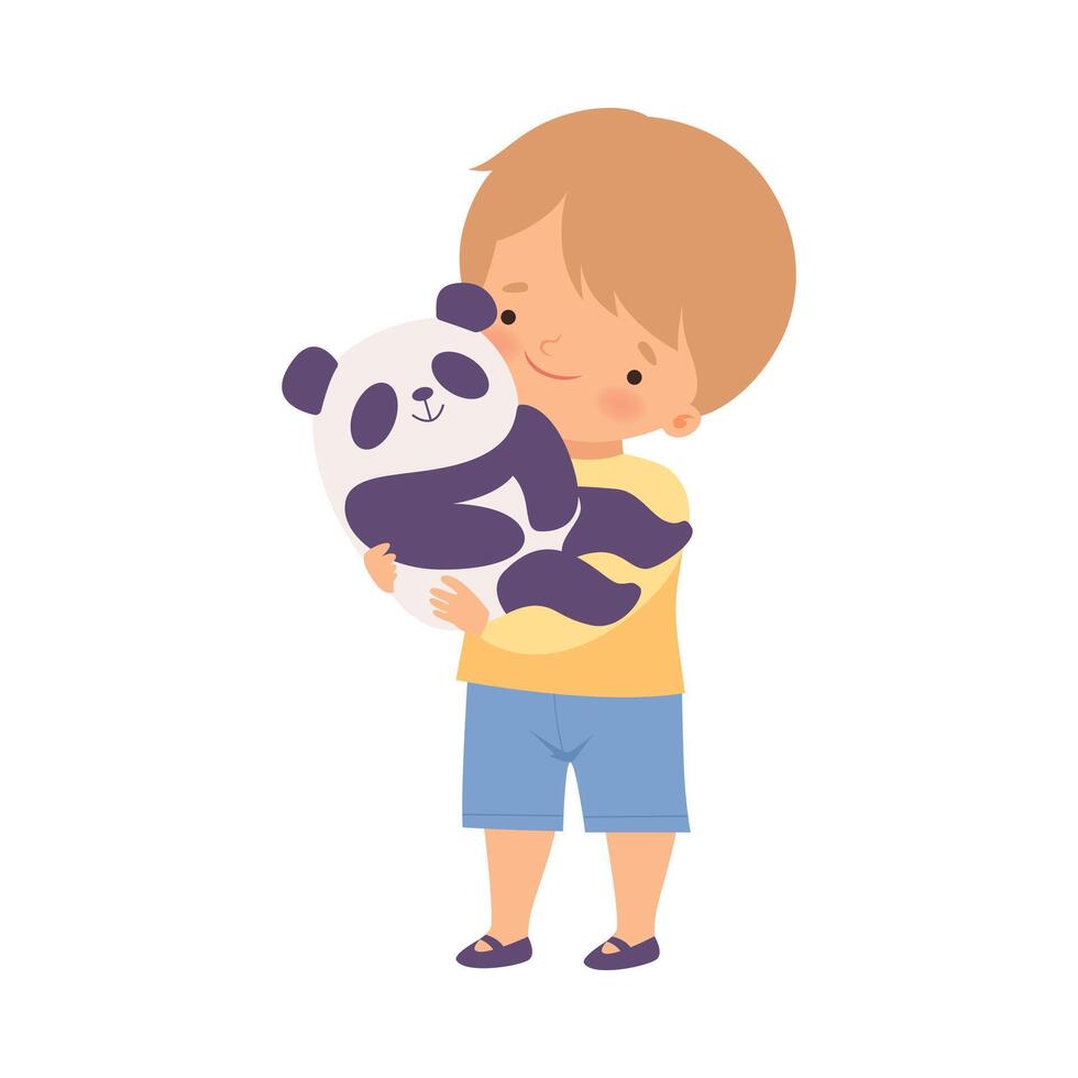 Cute Boy Protecting Wildlife, Kid Helping Save the World, Kid Holding Panda Bear Cartoon Style Illustration vector