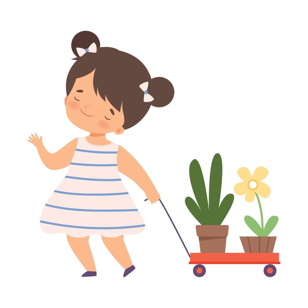 Cute Girl Pulling Wooden Cart with Plants in Pots, Kid Helping Save the World, Nature and Ecology Protection Cartoon Style Illustration vector